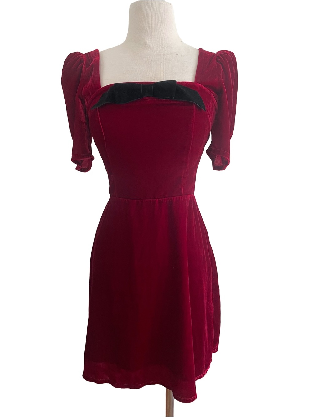 WAYF Red Velvet Coquette Dress Puff Sleeve Square Neck Bow Size XS Dark Academia